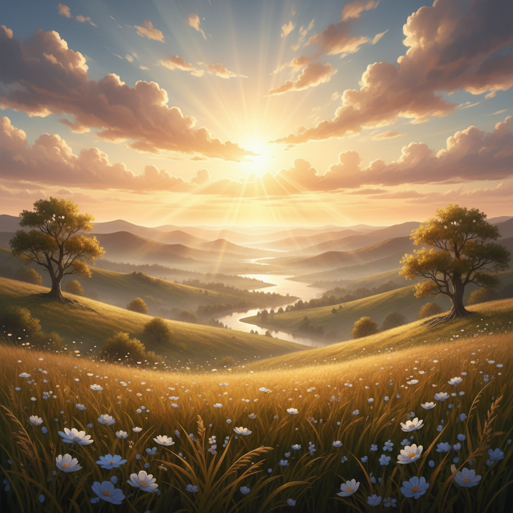Golden light breaking through clouds over a peaceful landscape